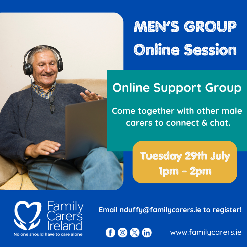 CarersIreland's tweet image. Our online men's group, facilitated by family carer Mark, meets again on Tuesday 29th July at 1pm. This is an informal group so drop in when you can for a chat with other men in caring roles. Email Norah at nduffy@familycarers.ie to join or find out more.