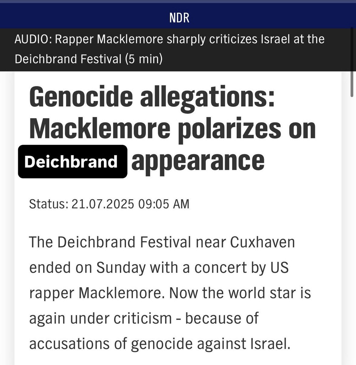 derJamesJackson's tweet image. This is how German public funded media reported a Macklemore festival appearance