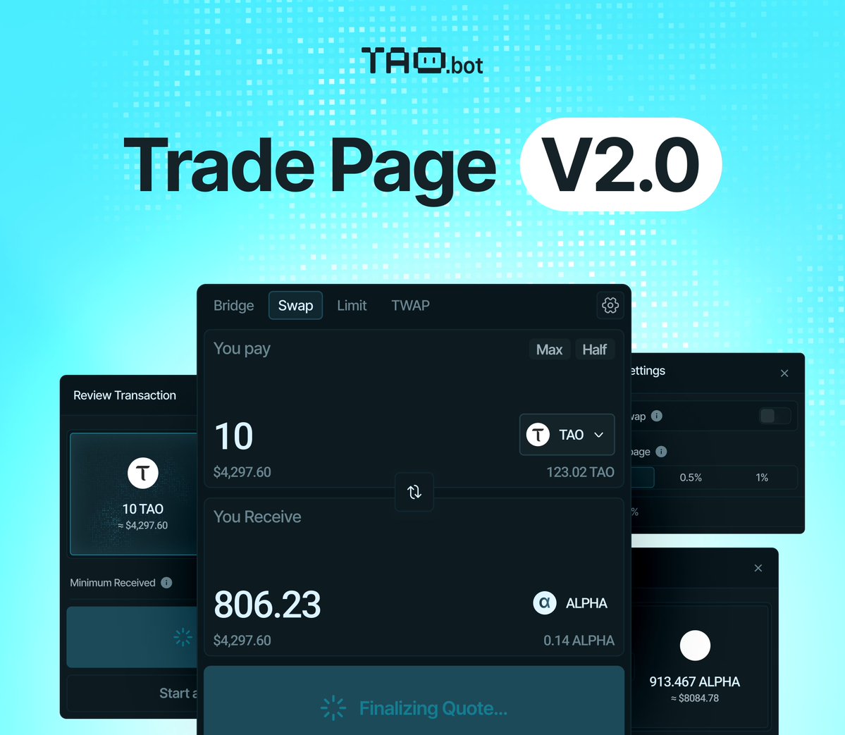 taodotbot's tweet image. ✨ Platform UI Upgrade: Trading Page v2 is LIVE

We’ve just launched the first phase of our v2 UI upgrade—focusing first on a streamlined, user-friendly trading experience.
- Updated layouts for Bridge, Swap, and TWAP pages
- Improved trading charts &amp;amp; notifications

Combined with…