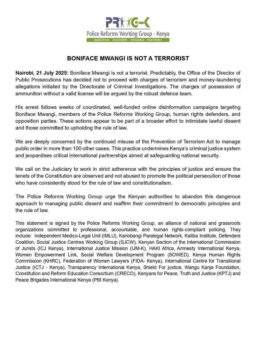 Joint Statement:

The arrest of Boniface Mwangi is not isolated, it’s part of a broader crackdown aimed at silencing lawful dissent and intimidating those who dare to demand accountability, justice and the rule of law. 

Boniface Mwangi is not a terrorist.

#FreeBonifaceMwangi