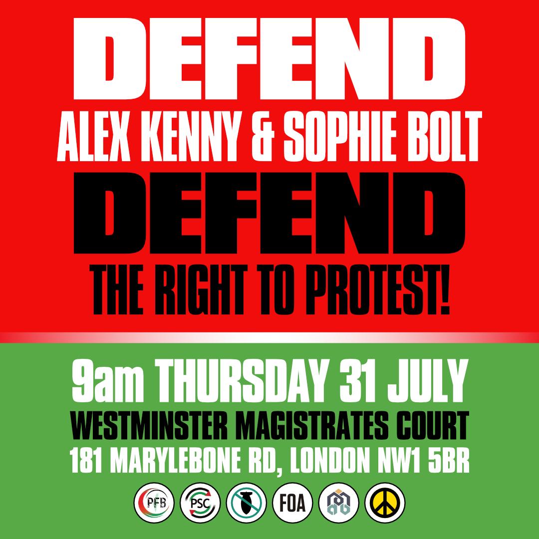 STWuk's tweet image. ‼️ Defend the Right to Protest ‼️
Our chair @Alex_Kenny_NEU and @CNDuk GS @SK_Bolt are in court on 31 July facing public order charges in relation to the peaceful Palestine protest on 18 Jan
If you're in London and able to get along to Westminster Mags Ct, please join us!