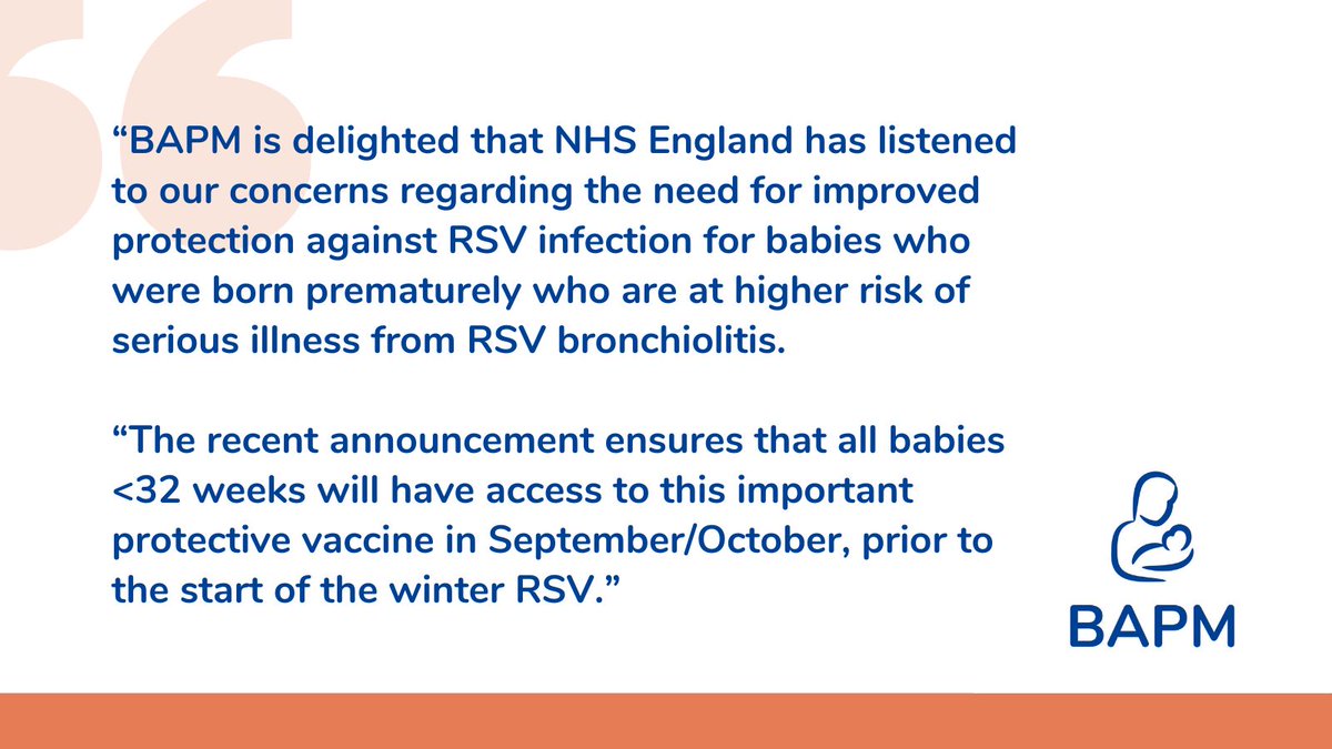 BAPM_Official's tweet image. BAPM is delighted that NHS England has listened to our concerns regarding the need for improved protection against RSV infection for babies who were born prematurely who are at higher risk of serious illness from RSV bronchiolitis.
More details> bapm.org/articles/chang…