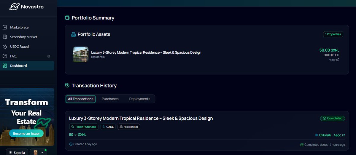 Successfully purchased real estate on-chain via <a href="/Novastro_xyz/">Novastro | RWAfi</a> testnet.

Tokenized real estate is the future.

gXNL