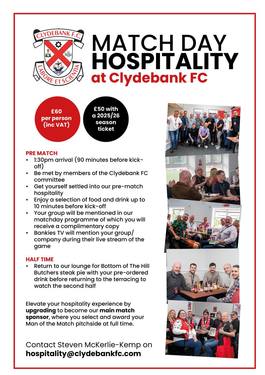 clydebankfc's tweet image. 🥂 There's still time to book hospitality for our Lowland League debut at home to East Stirlingshire this Saturday.
Drop Steven an email to hospitality@clydebankfc.com to book in or to enquire for any of our home fixtures this season.