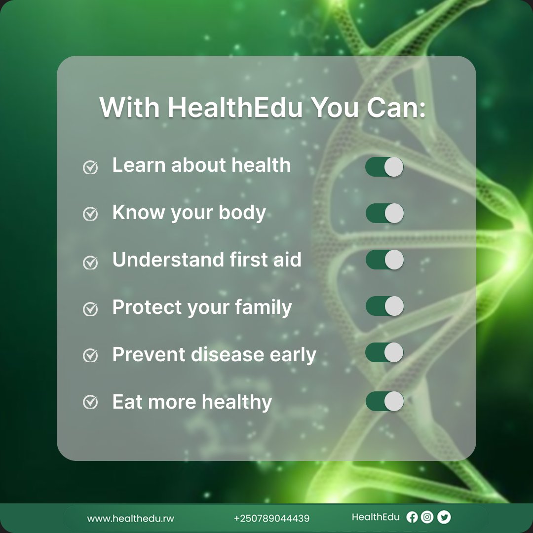 💚 HealthEdu is for everyone!
With HealthEdu, you can:
✔ Learn about health
✔ Know your body
✔ Protect your family
… and more!
Visit healthedu.rw
 and start learning today.
#HealthForAll #LearnWithHealthEdu #CPDForEveryone