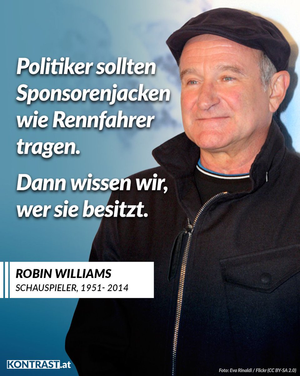 Kontrast_at's tweet image. Der Schauspieler Robin Williams brachte die Menschen mit seinen Rollen nicht nur zum Lachen, sondern auch zum Nachdenken. So machte er in „Man of the Year“ auf die Käuflichkeit von Politikern aufmerksam.
Am 21. Juli 1951 wurde Williams geboren.