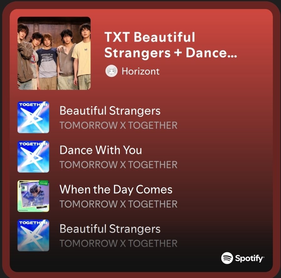 beomkaischnee's tweet image. Spotifyプレイリストご活用下さい💓
アルバム #TOGETHER フォーカス
(Beautiful Strangers多め)
🔵open.spotify.com/playlist/3mwsn…
タイトル曲 #BeautifulStrangers フォーカス
(Dance With You🐧/ When the Day Comes も少し多め)
🟣open.spotify.com/playlist/36sPe…
#TOMORROW_X_TOGETHER #TXT #トゥバ
#streaMOA
