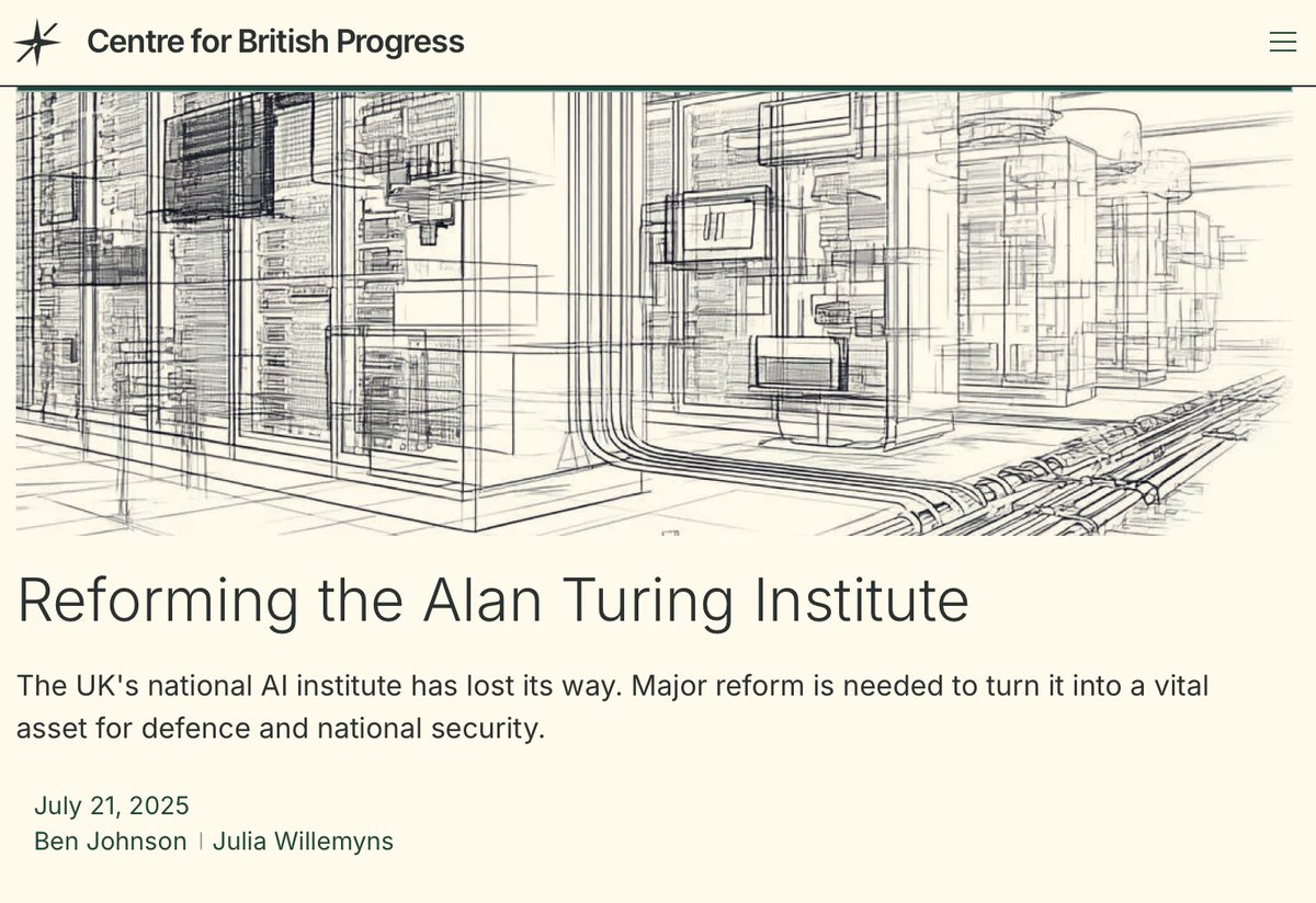 ersatzben's tweet image. 🚨 NEW REPORT 🚨
The Alan Turing Institute has visibly struggled, and is now at a critical juncture. The Secretary of State has intervened. What happens next?
A new report for @britishprogress by me and @jujulemons sets out a plan: 🧵