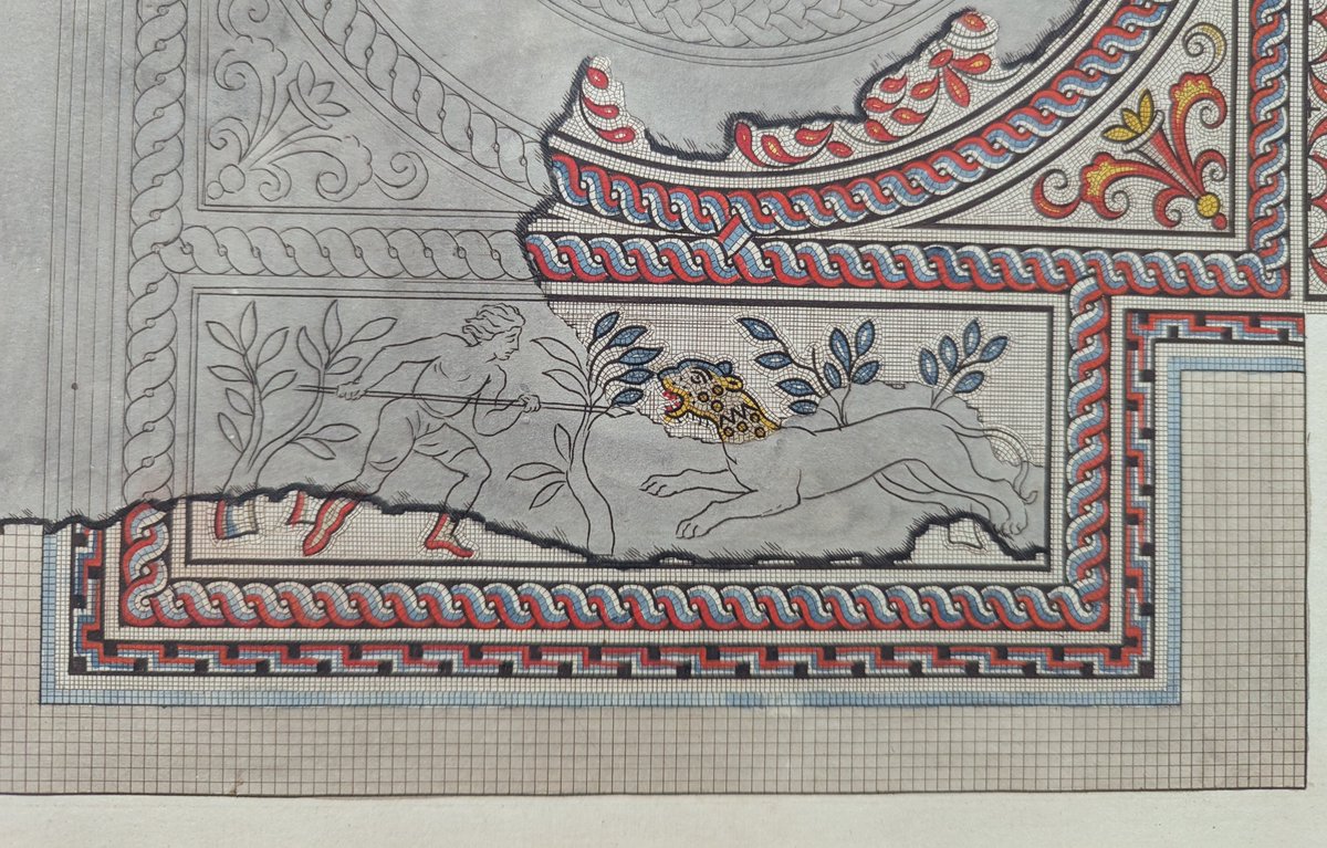 The other hunting scene in Room B at Frampton. While the scene posted last Monday showed a stag hunt which *could* have been taking place locally, this one shows a leopard - not known to roam around rural Dorset! So, an amphitheatre scene? 1/2 #MosaicMonday