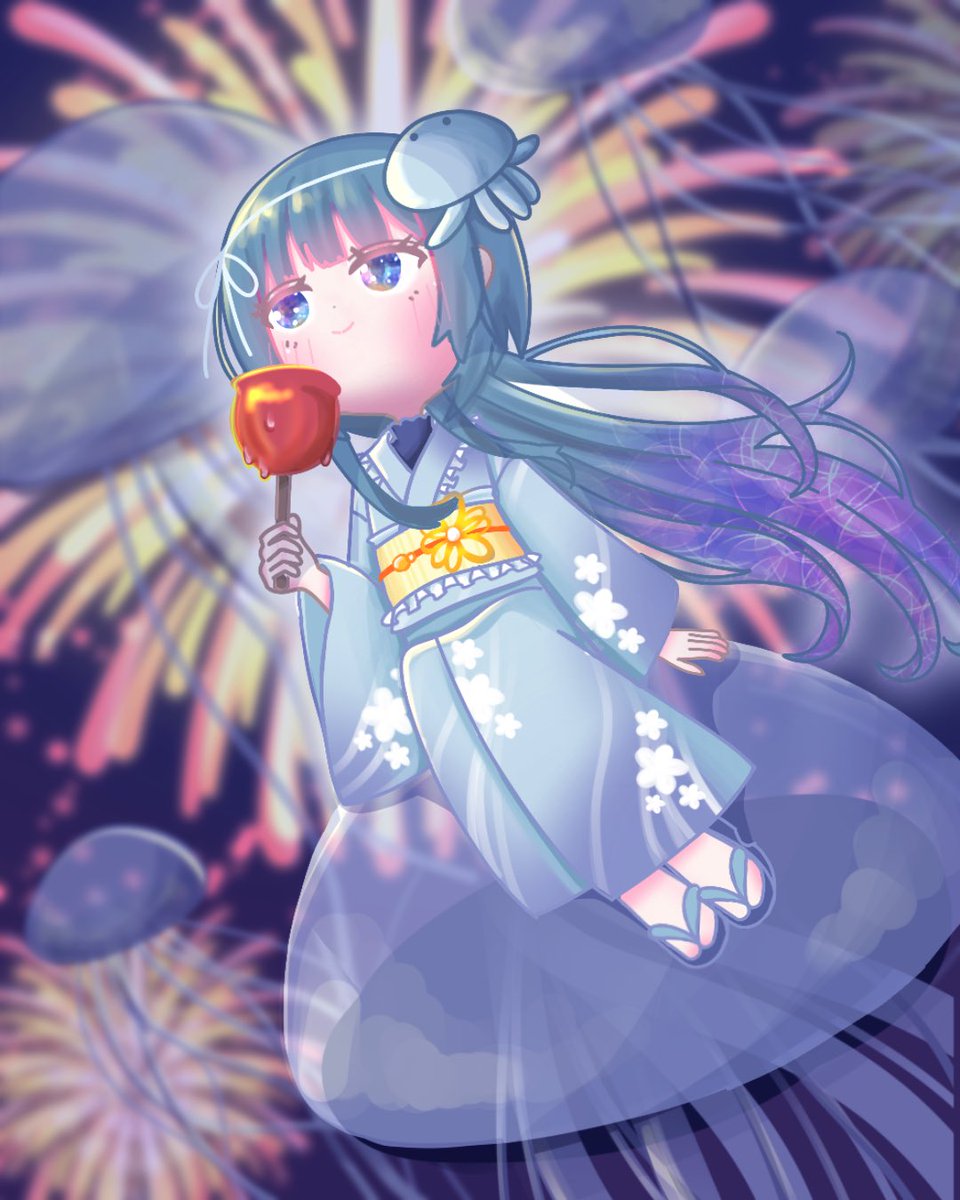 1LcFS8sQ0762390's tweet image. 花火の夜、クラゲに乗ってふわりとおさんぽ。
浴衣とりんご飴、夏のきらめきを詰め込んだ一枚です✨
#イラスト #絵柄が好みっていう人にフォローされたい #三連休はフォロワーさんが増えるらしい