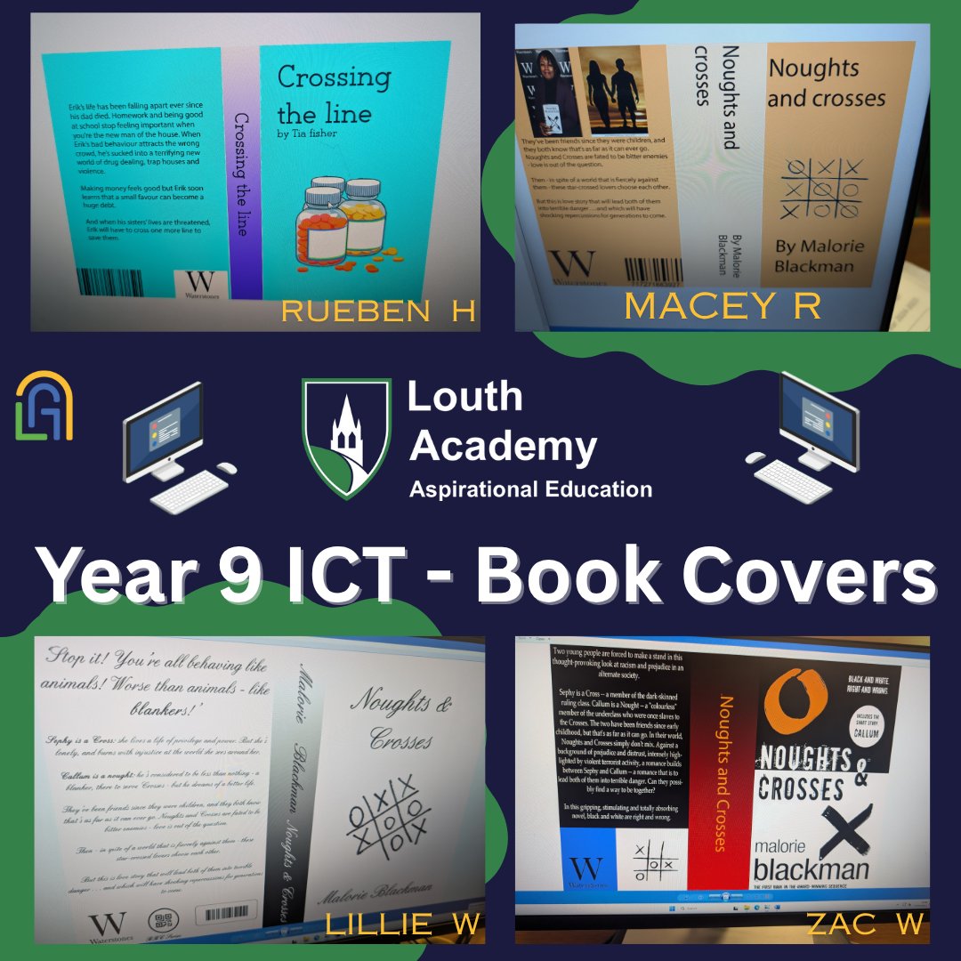 LouthAcademy's tweet image. Our Year 9 ICT students have truly outdone themselves this term creating some absolutely amazing book covers! 🤩 We're so impressed with their creativity and digital design skills.
Take a look at some of their fantastic work!