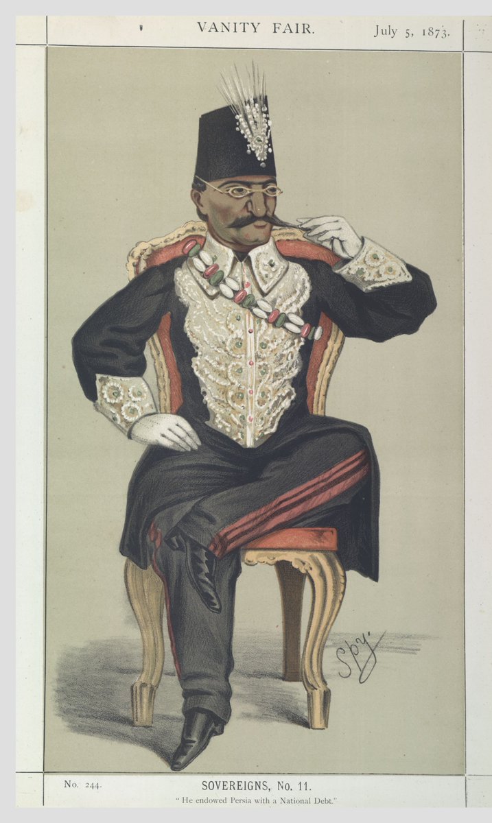 Tabantimes's tweet image. “He endowed Persia with a national debt”
19th-century painting of Nasser al-Din Shah Qajar by Vanity Fair’s Leslie Ward.