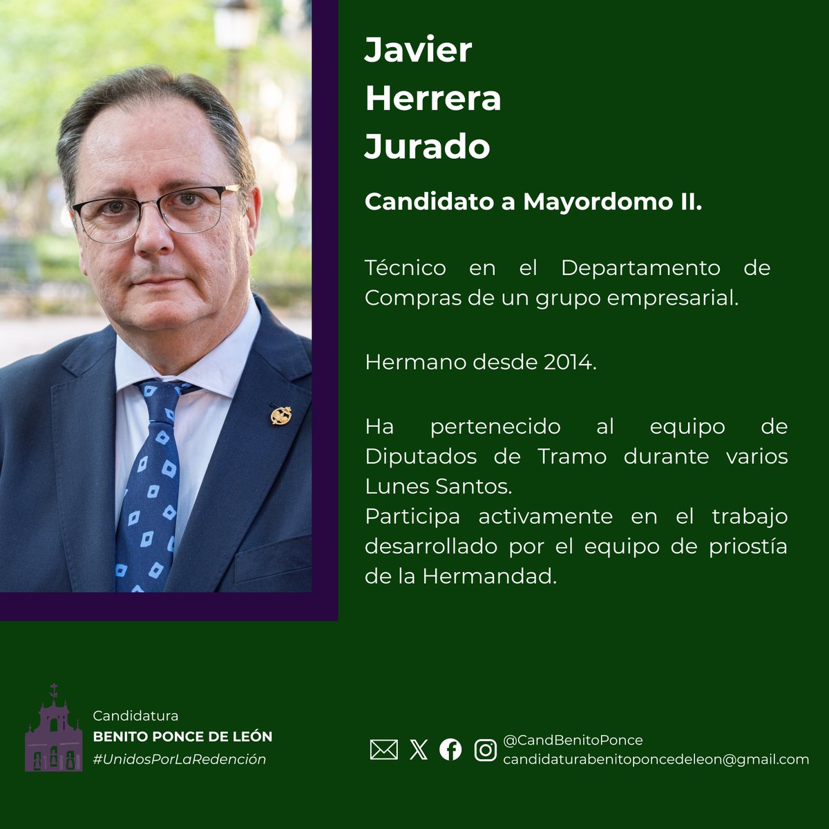 CandBenitoPonce's tweet photo. 👤Javier Herrera Jurado.

👉Candidato a Mayordomo II.

Hermano desde 2014. Ha pertenecido al equipo de diputados de tramo y colabora estrechamente con el equipo de Priostía. Ha desempeñado diferentes cargos como oficial de Junta de Gobierno en otras Hermandades de la ciudad. https://t.co/tnYdaLV3mc