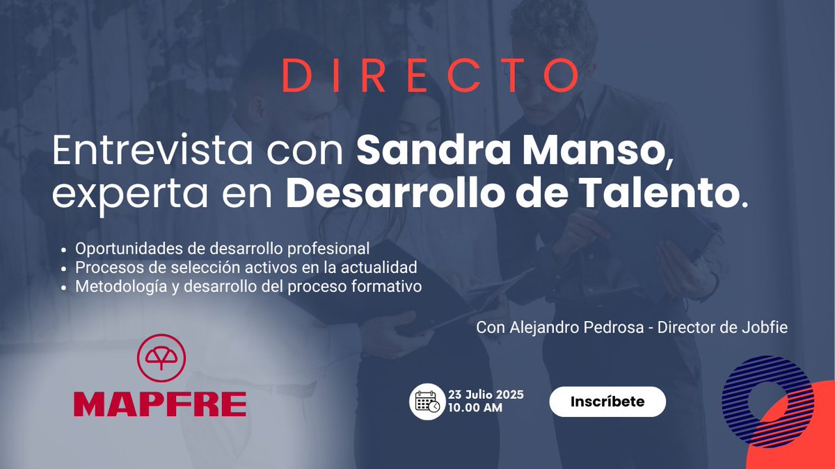 Jobfie's tweet image. 🤫 Consigue los secretos para triunfar en tu próxima entrevista.
En directo, Sandra Manso (Talento en @MAPFRE_ES) nos dará consejos clave sobre procesos de selección.
🗓️ 23 de julio | 10:00h
Apúntate GRATIS:
f.mtr.cool/akjddpjfct
#Consejos #RRHH #CarreraProfesional #Empleo