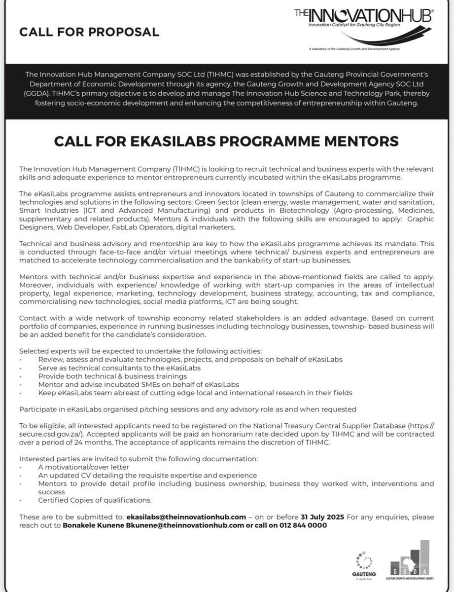 Call for Mentors: Be Part of Shaping the Next Generation of innovators for Township Economy Revitalisation!

The Innovation Hub, through its flagship programme eKasiLab , is calling on experienced professionals, entrepreneurs, and industry experts to join our Mentorship Network.