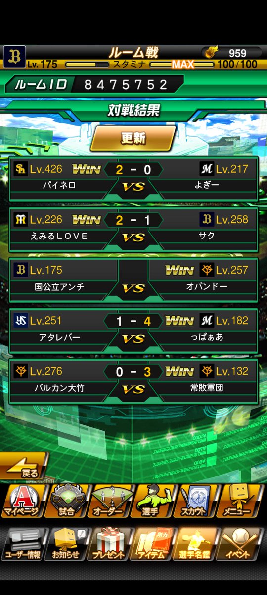 昨日はチームM推し（<a href="/TM_M_Oshi/">チームM推し！(プロスピ非公式クラン)</a> ）様と対抗戦を組んでいただきました。結果2-3で敗北です。対戦ありがとうございました。