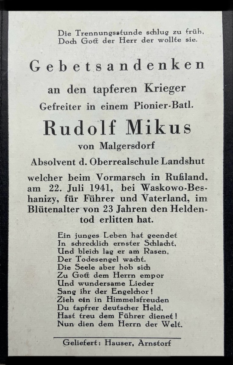 NieMehrKrieg's tweet image. „Ein junges Leben hat geendet
In schrecklich ernster Schlacht.
Und bleich lag er am Rasen
Der Todesengel wacht.“
Rudolf Mikus war 23, als er am 22. Juli 1941 an der Ostfront fiel. R.I.P.
#NieWiederKrieg #SayHisName