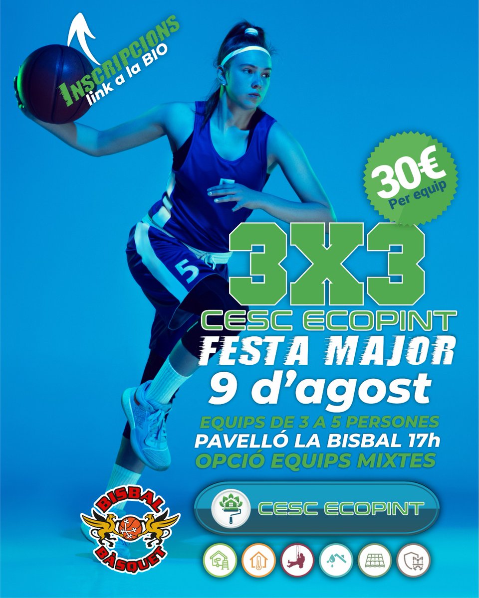 🏀 ⛹️⛹🏼‍♀️🏀⛹️⛹🏼‍♀️🏀
3x3 Ecopint de Festa Major 2025

📅 Dissabte 9 d'agost 
⏰ 17:00h
📍 Pavelló Vell i Firal de la Bisbal

✍🏻📋 Equips fins a 5 jugadors (poden ser mixtes)
⛹🏼‍♀️⛹🏿‍♀️ Categories femenines
💰 30€/equip

📝 Inscripcions ⬇⬇
docs.google.com/forms/d/e/1FAI…