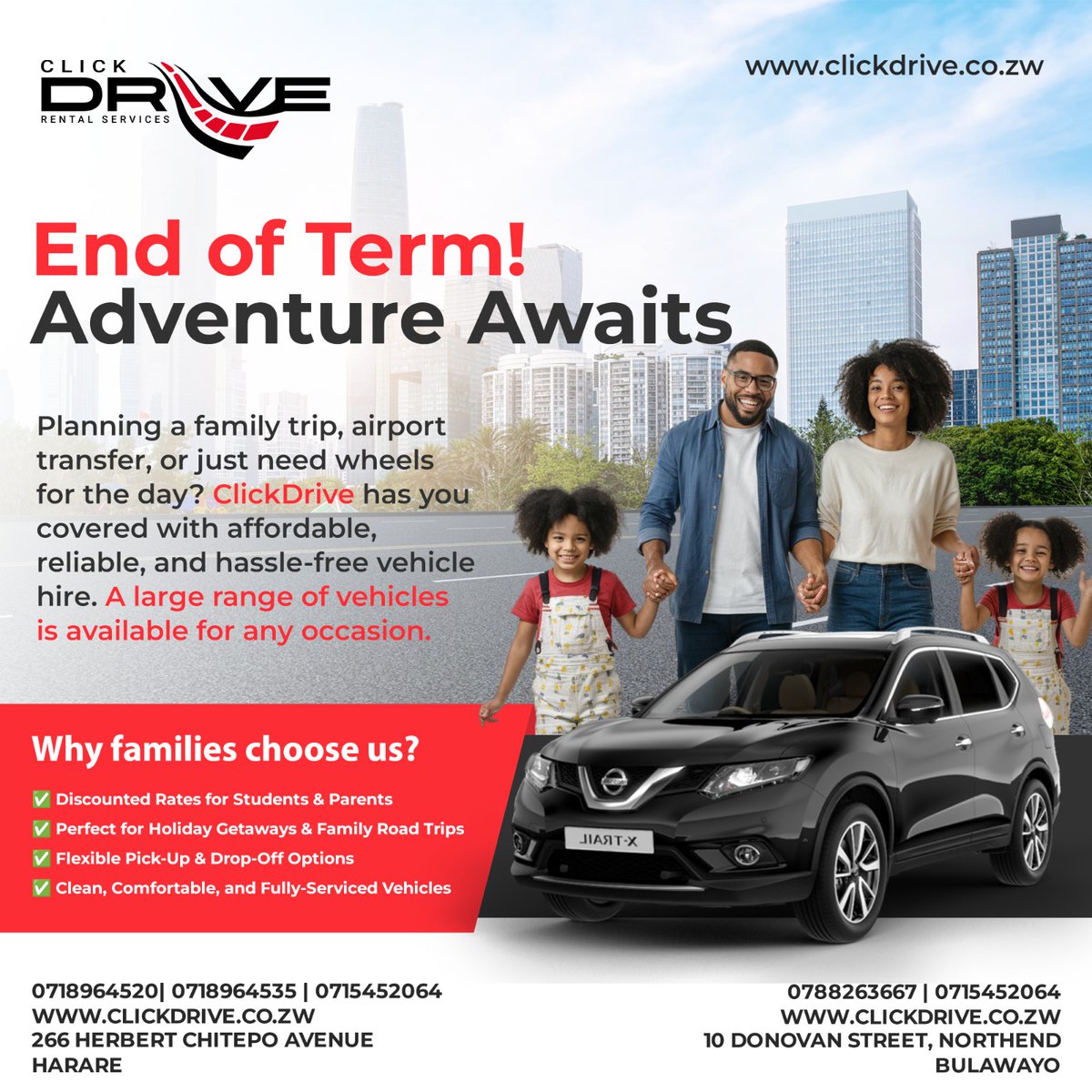 ClickdriveZim's tweet image. 🎉 School’s Out – Adventure Is In! 🚗💨
Make the most of the break with ClickDrive's trusted car rental services! Whether it's a weekend escape, airport transfer, or a family road trip, we’ve got the perfect ride for you.

💥 Enjoy:
✅ Special rates for students &amp;amp; parents
✅…
