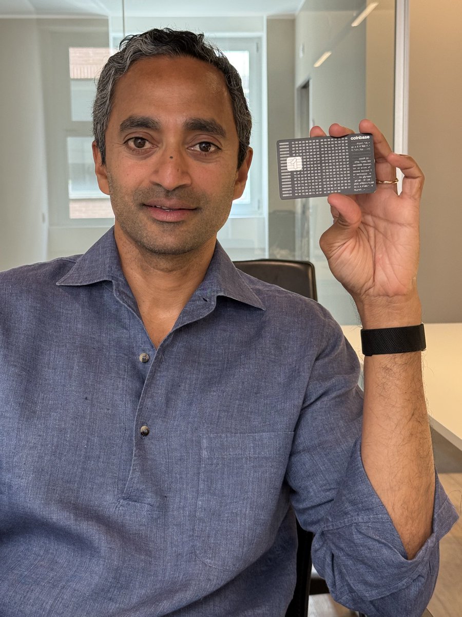 chamath's tweet image. Coinbase sent me one of their rare commemorative Satoshi Nakamoto Coinbase One cards (1 of 21).
Excited to get my own in the fall which comes with 4% back via Bitcoin. Long live BTC!
Thank you @coinbase @brian_armstrong @immuneeb