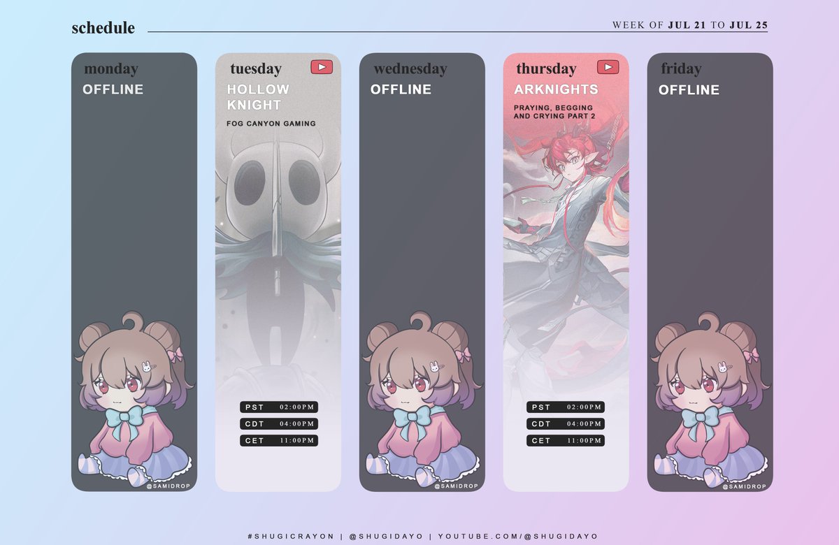 shugidayo's tweet image. ☁️⭐【Jul. 21 - Jul. 25】 ⋆.࿔*:・
Chill week, exploring fog canyon in Hollow Knight, and begging for Yu on Arknights
Hope to see you!
Links ⬇️
General: #shugidayo
Art: #shugicrayon
Memes: #memegi