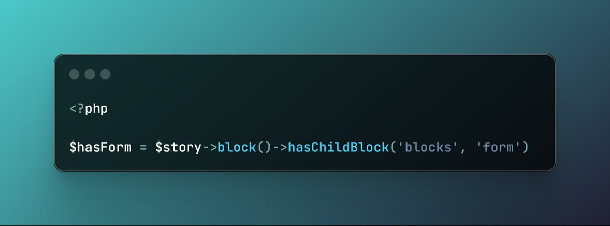 RicLeP's tweet image. Did you know you can check which components a blocks fieldtype contains in Laravel Storyblok?
Here I have a page, I get the ‘block()’ for the content type, then check if the ‘blocks’ field contains a ‘form’ component as a child.
ls.sirric.co.uk
#StoryblokAmbassadors