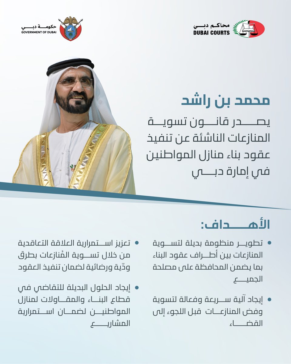 DXBMediaOffice's tweet photo. محمد بن راشد يصدر قانون تسوية المنازعات الناشئة عن تنفيذ عقود بناء منازل المواطنين في إمارة دبي، بهدف تعزيز رفاهية المواطنين وضمان استقرارهم الاجتماعي، حيث يُعد هذا القانون خطوة نوعية لتسوية النزاعات التي قد تنشأ خلال تنفيذ مشاريع البناء بسرعة وكفاءة بدون التأثير على مسار تطوير المشاريع الإسكانية. سيدخل القانون حيز التنفيذ في 1 يناير 2026 لتعزيز استقرار قطاع البناء وضمان حقوق المواطنين.