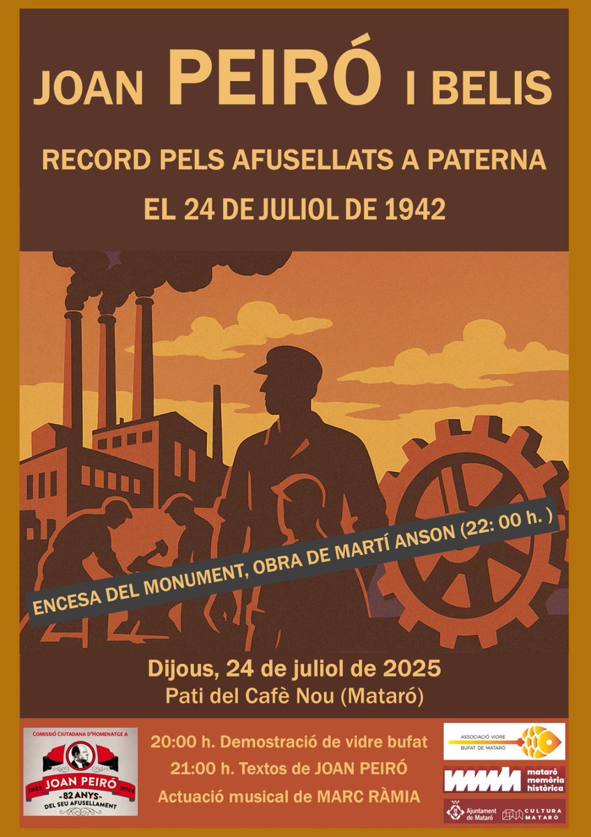 omniummaresme's tweet image. Com cada any, el 24 de juliol la Comissió Ciutadana d’Homenatge a Joan Peiró, amb la participació d’Òmnium Maresme, celebra l’acte d’encesa del monument a Joan Peiró i a tots els assassinats pel franquisme.

📅Dijous 24 de juliol a les 20 h
📌Pati del Cafè Nou