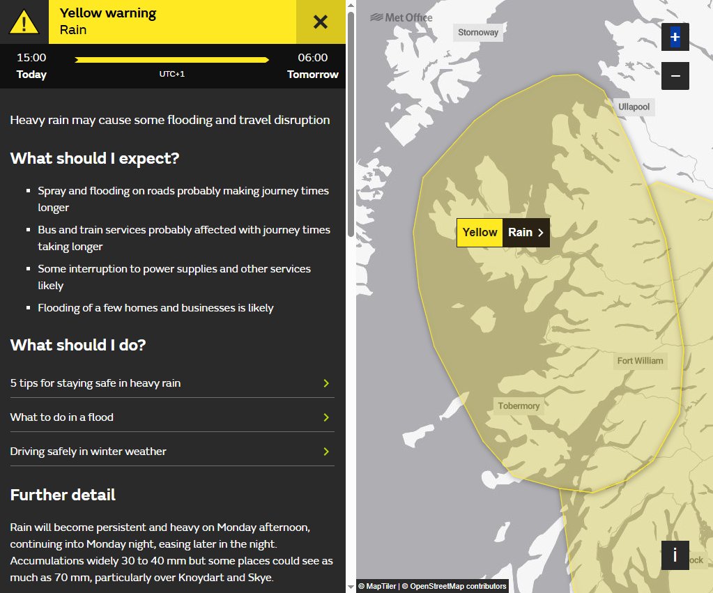 The Met Office have issued a yellow warning of heavy rain, valid from 3pm today until 6am tomorrow in the Highlands and Argyll and Bute, where conditions may cause localised flooding and transport disruption.

Joy