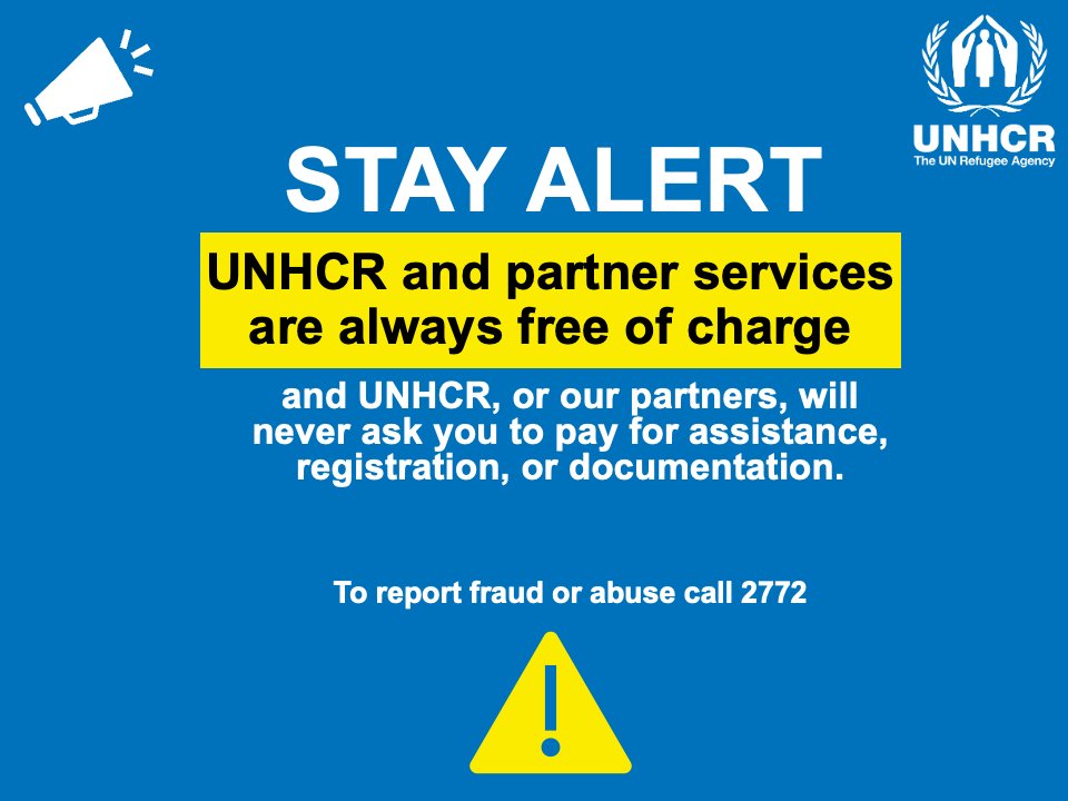 UNHCRSom's tweet image. 🚨 Stay alert! #UNHCR services are always free of charge. If anyone asks you to pay for assistance, registration, or documentation it is fraud!
📞 Report any suspicious activity by calling 2772.
#FraudAlert #UNHCR #StaySafe