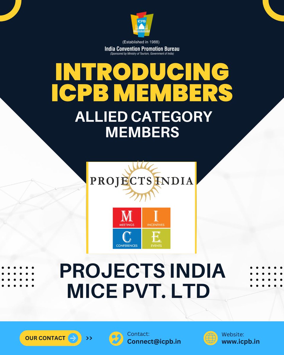 info_icpb's tweet photo. Introducing Our New ICPB Member – Allied Category!
We’re delighted to welcome @ProjectsIndia1 to the India Convention Promotion Bureau (ICPB) family! 🌟
🔗 Learn more: https://t.co/4AYRGkbrvi
📩 Contact: connect@icpb.in
#ICPB #ICPBMembers #MICEIndia #ProjectsIndia https://t.co/bEtJYMyYHK