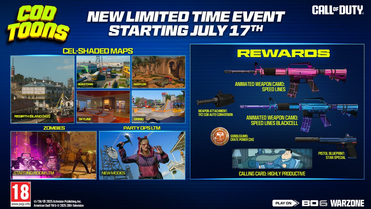 CallofDutyUK's tweet image. Don't change the channel 📺 The CODToons Event is live 💥
✏️ Cel-Shaded MP Maps & Rebirth Island
🥳 Party Ops LTM & Starting Room LTM
⚡️Animated Weapon Camos
➕ More
