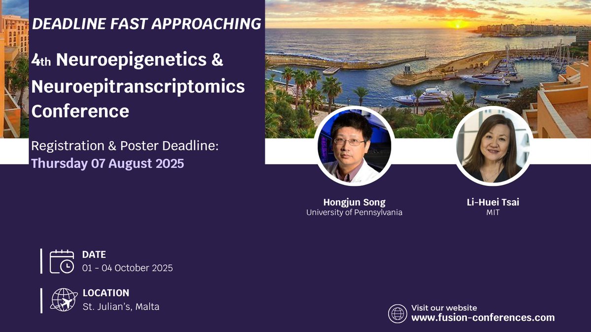 Fusion_Conf's tweet image. 🚨 Don’t forget to register for #Neuroepi25!
⏳ The deadline is fast approaching - Thursday 7th August 2025.
This is your last chance to join; don't miss out on a fantastic meeting!
Click here to register➡️ bit.ly/45dN5Ck
#FusionNeuro #FusionAgingResearch…