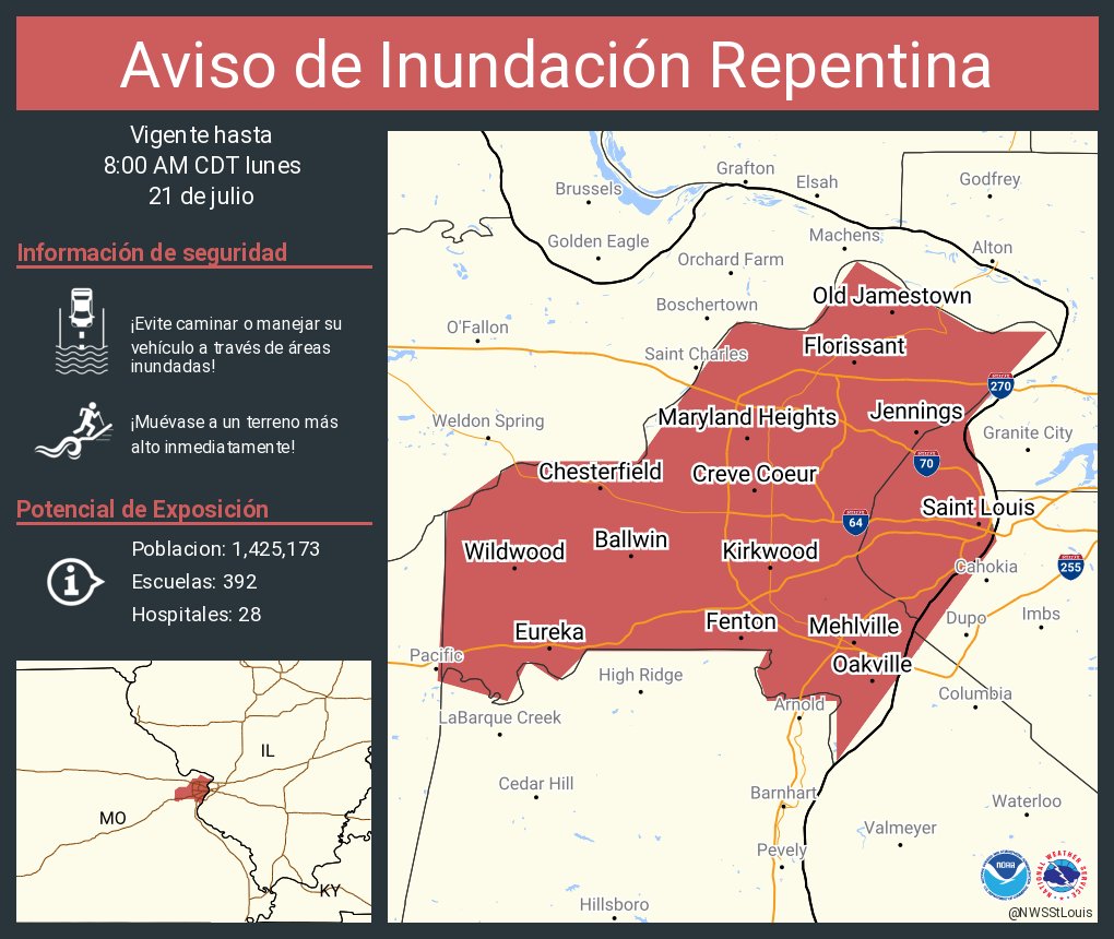 NWSStLouis's tweet image. Aviso de Inundación Repentina incluye Saint Louis MO, Florissant MO, Chesterfield MO hasta las 8:00 AM CDT