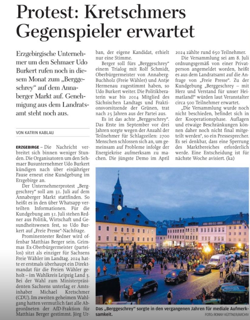 Liebe Freunde, die "Freie Presse" hat in der vergangenen Woche einen Artikel zum "Berggeschrey" in Annaberg-Buchholz am Donnerstag, 31.07.2025, 18:00 Uhr, veröffentlicht. Ich werde dort als Redner auftreten und würde mich freuen, wenn Ihr den Weg zu dieser Veranstaltung finden