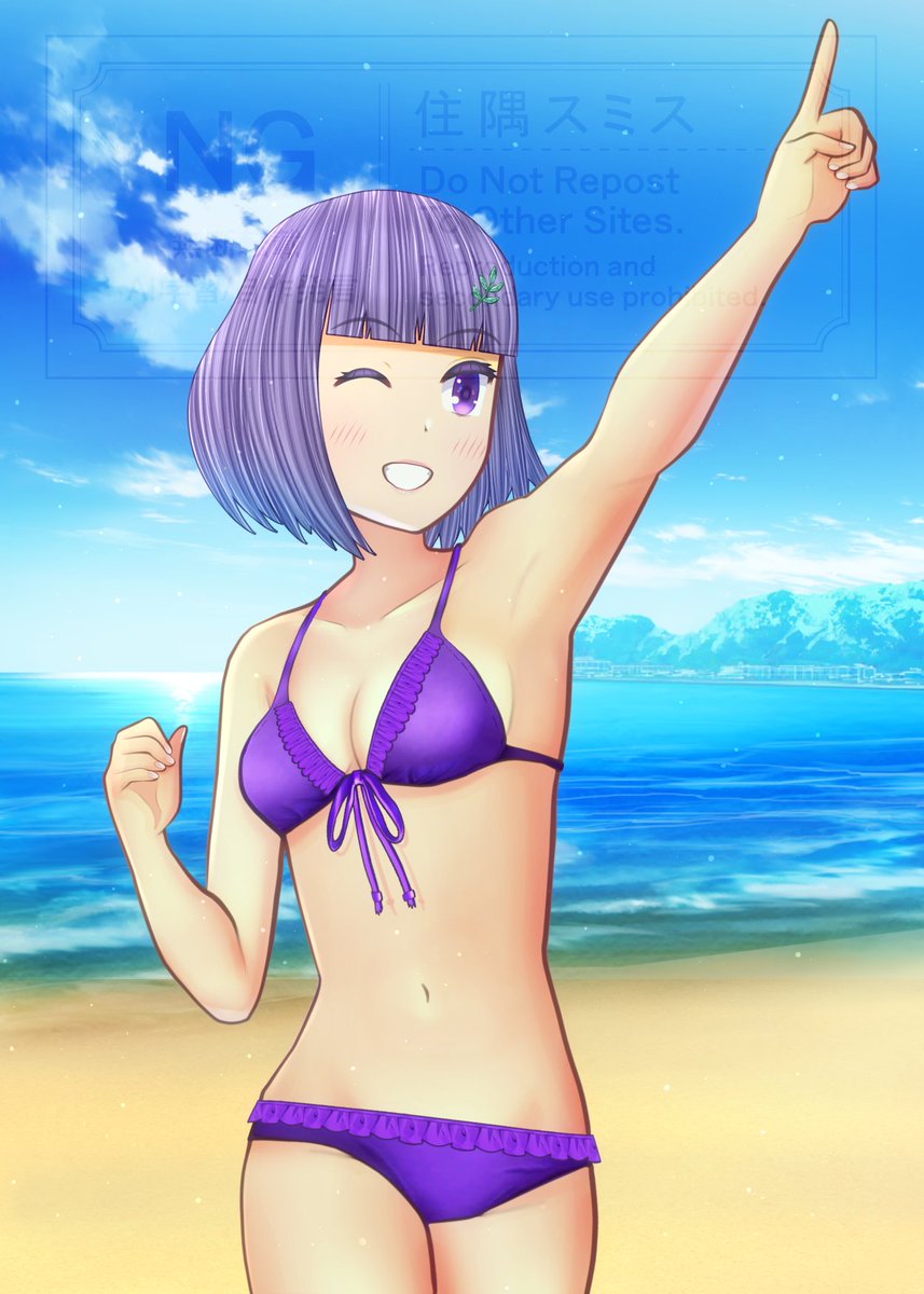 Sushio_Sato's tweet image. 今日は海の日なので水着の里愛ちゃん。🟣
背景を海にしとけばほとんどの水着イラストは海の日で成立しそうではある。🏝️
#海の日
#オリキャラ
#絵柄が好みって人にフォローされたい