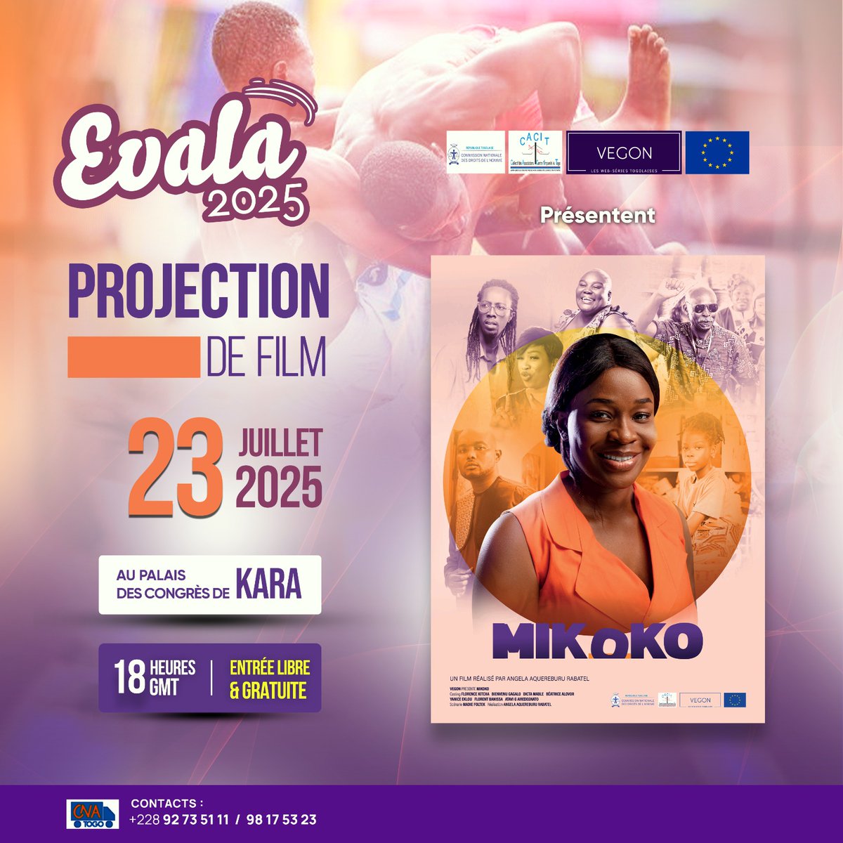 🎞️GRANDE PROJECTION DU FILM MIKOKO À KARA !
Le grand écran s’installe à Kara pour une soirée exceptionnelle autour des droits des femmes, la promotion de l’éducation des filles, du civisme et la lutte contre la corruption. <a href="/CndhTogo/">CNDH TOGO</a>, CACIT et VEGON avec le soutien de <a href="/AmbUETogo/">UE au Togo</a> .