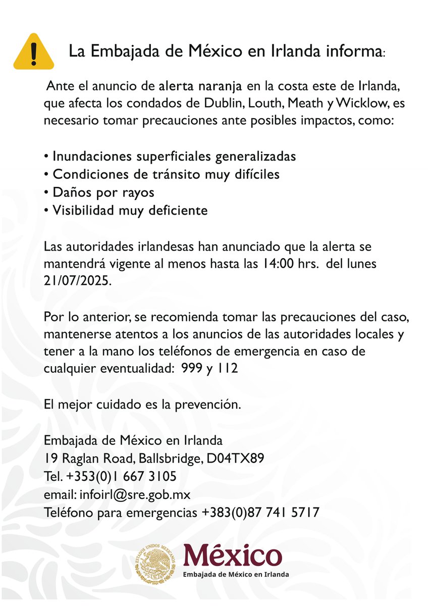 Anuncio ante la alerta naranja en la costa este de Irlanda.
