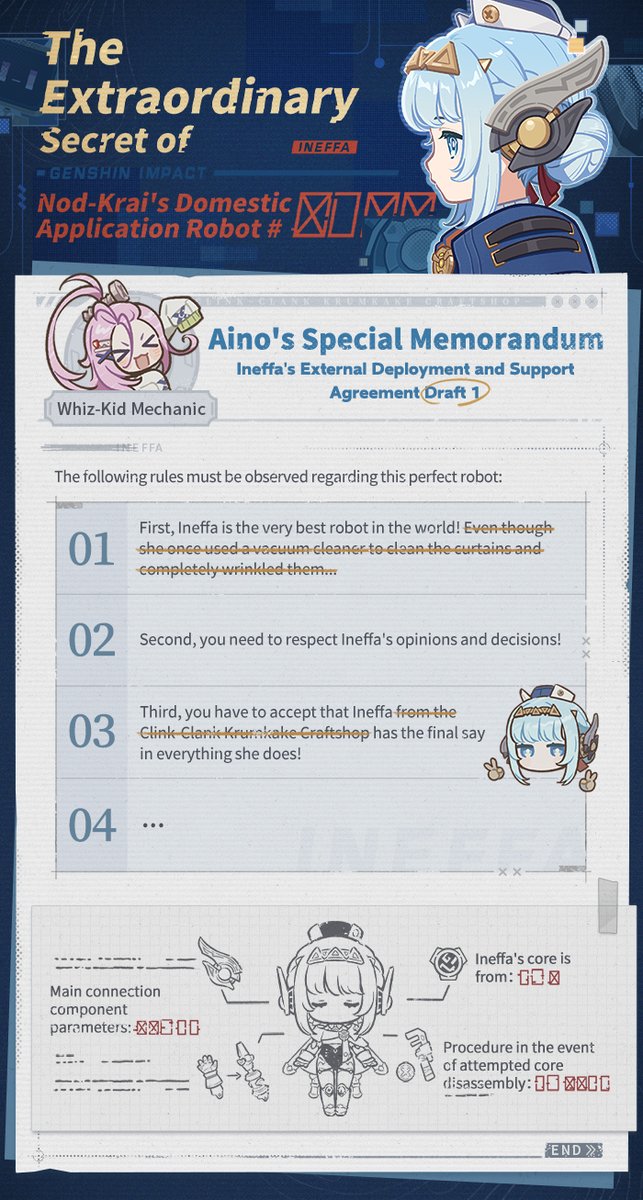 GenshinImpact's tweet image. "The Extraordinary Secret of Nod-Krai's Domestic Application Robot #████"
#GenshinImpact5ꓸ8 #GenshinImpact #Ineffa
Recently, encrypted documents from the "Clink-Clank Krumkake Craftshop" in Nod-Krai were leaked to the public — and apparently, their contents revealed a…