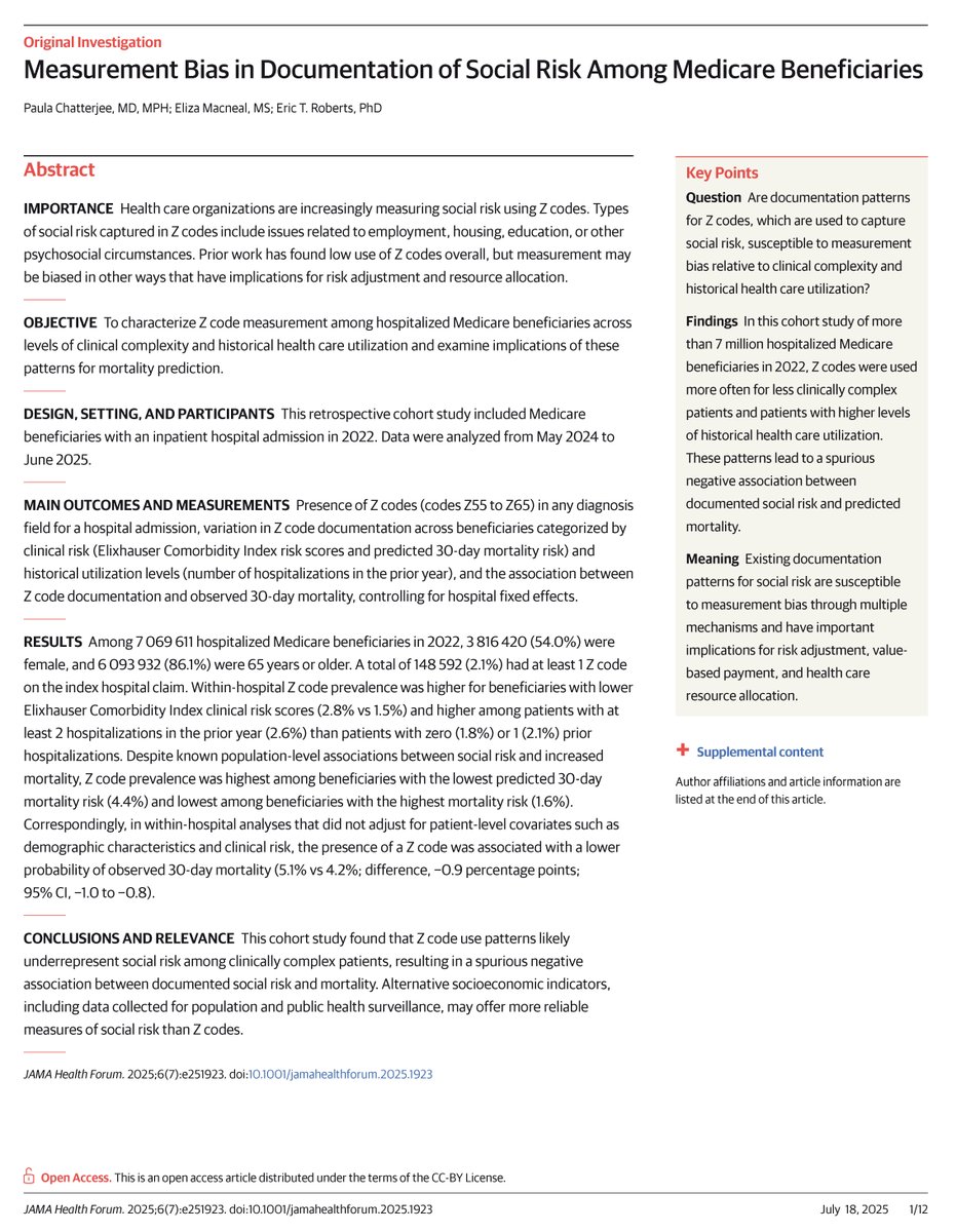 JAMAHealthForum's tweet image. Z codes used to measure social risk among hospitalized #Medicare beneficiaries tend to underrepresent risk in clinically complex patients, leading to a misleading negative association with mortality. ja.ma/3Uiks0u @eric_t_roberts