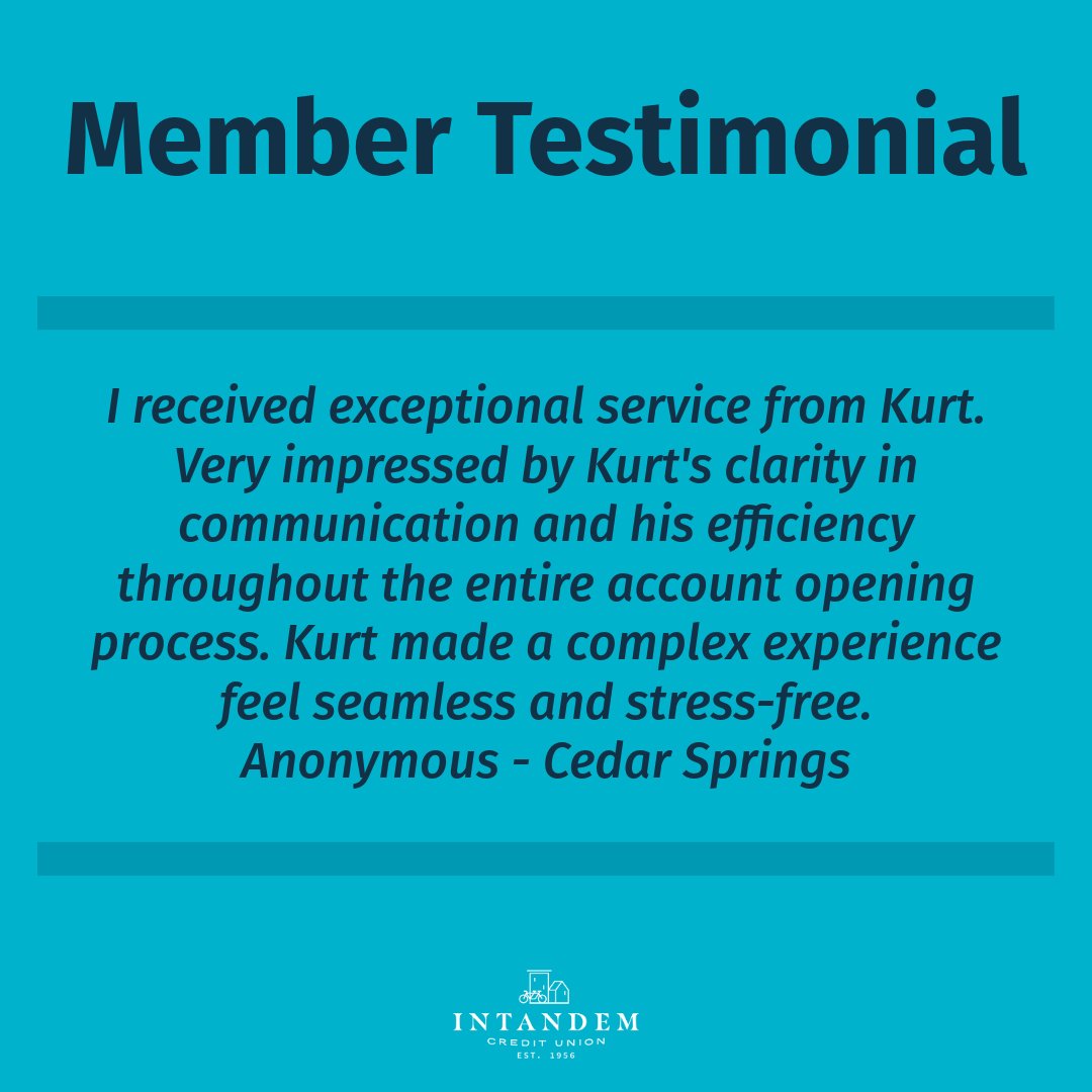 We love hearing from our members! ❤️ Thank you for your kind words and for supporting Intandem Credit Union!