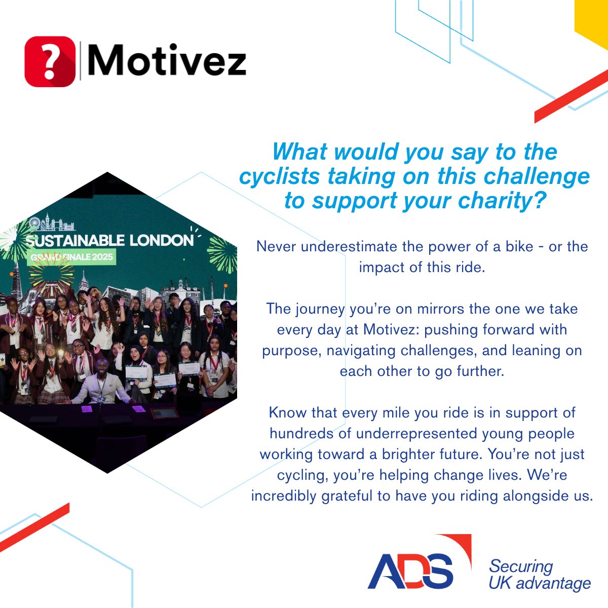 ADSgroupUK's tweet image. 🚴 Our summer Charity Cycle is quickly approaching! 🚴

In our latest blog series, we&apos;re shining a spotlight on the amazing charities we&apos;re riding for and up next is @motivez_uk.

👉Read more and get involved: adsgroup.org.uk/knowledge/ads-…