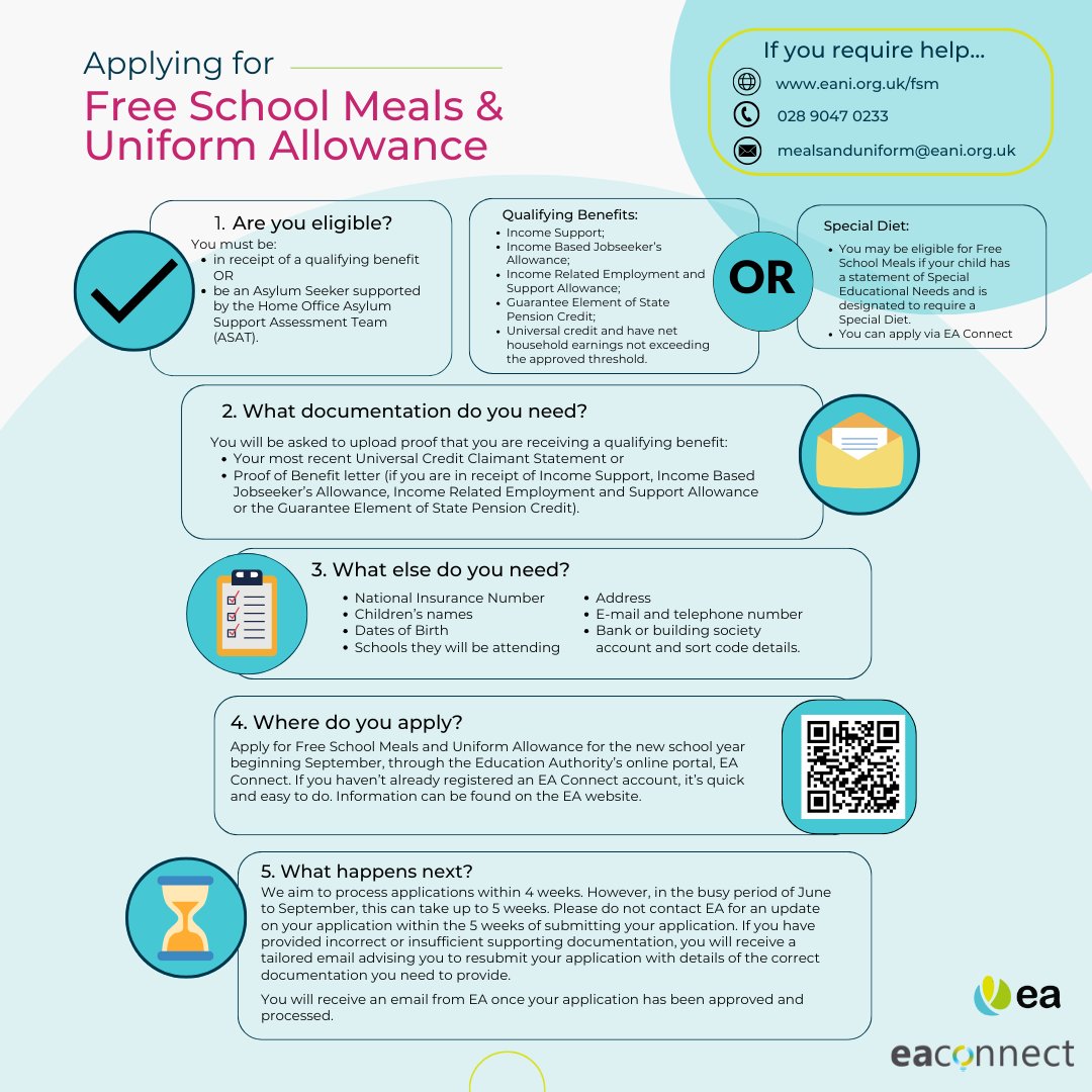 Ed_Authority's tweet image. ⏰ If you are applying for Free School Meals & Uniform Allowance for the upcoming school year, you should apply before this Fri 25 July, to ensure support is in place for the new term.
Visit ow.ly/w2VV50W2uEC for more info or apply at EA Connect ow.ly/WpBX50W2uEB