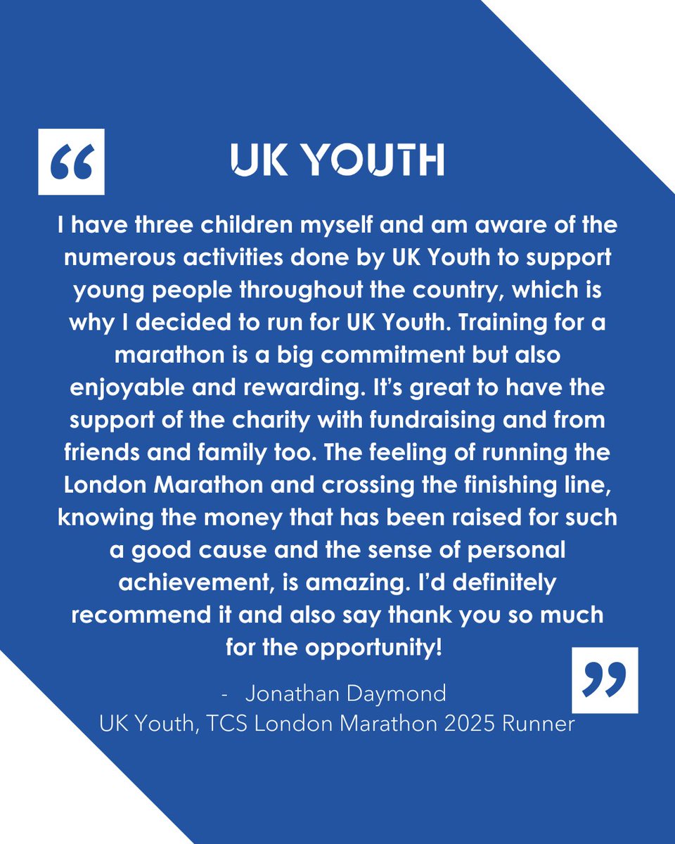 UKYouth's tweet photo. “I would 100% recommend fundraising for UK Youth—it’s a powerful way to support young people.” 
Feeling inspired? Find out how you can fundraise and make a real impact 👉 https://t.co/kCdp3evgYb 
#UKYouth #FundraiseForChange #LondonMarathon2026 https://t.co/F33oXECAdq