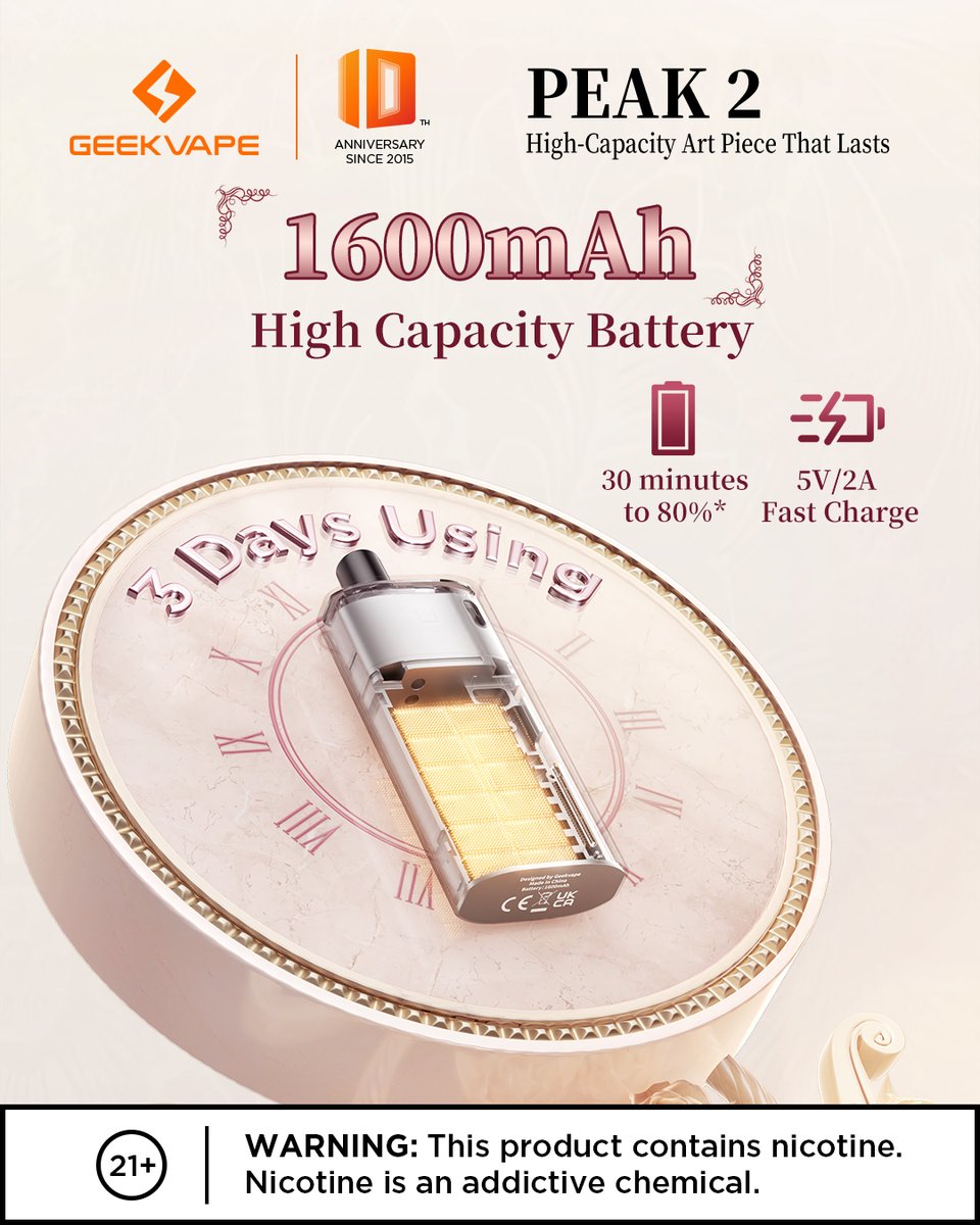 🔋 Power that lasts.
The new PEAK 2 is built with a 1600mAh high-capacity battery, delivering up to 3 days of use on a single charge.
Need a boost? Get to 80% in just 30 minutes with 5V/2A fast charging⚡
⏳ Stay powered. Stay refined.

👉geekvape.com
#GeekVape #Peak2