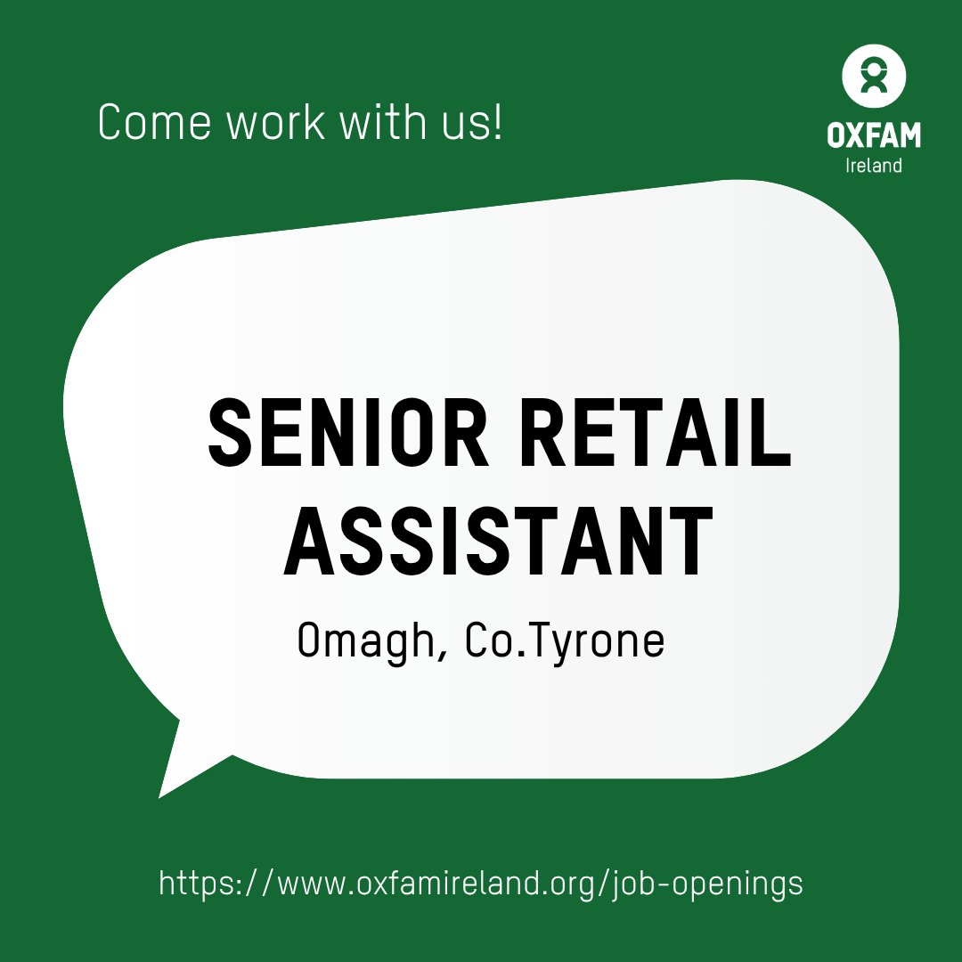 OxfamIreland's tweet image. We're hiring! We're looking for a Senior Retail Assistant to join our shop in Omagh.
If you have retail and customer service experience, and a passion for second-hand fashion and sustainability, we’d love to hear from you.
We offer a supportive work environment and a great…
