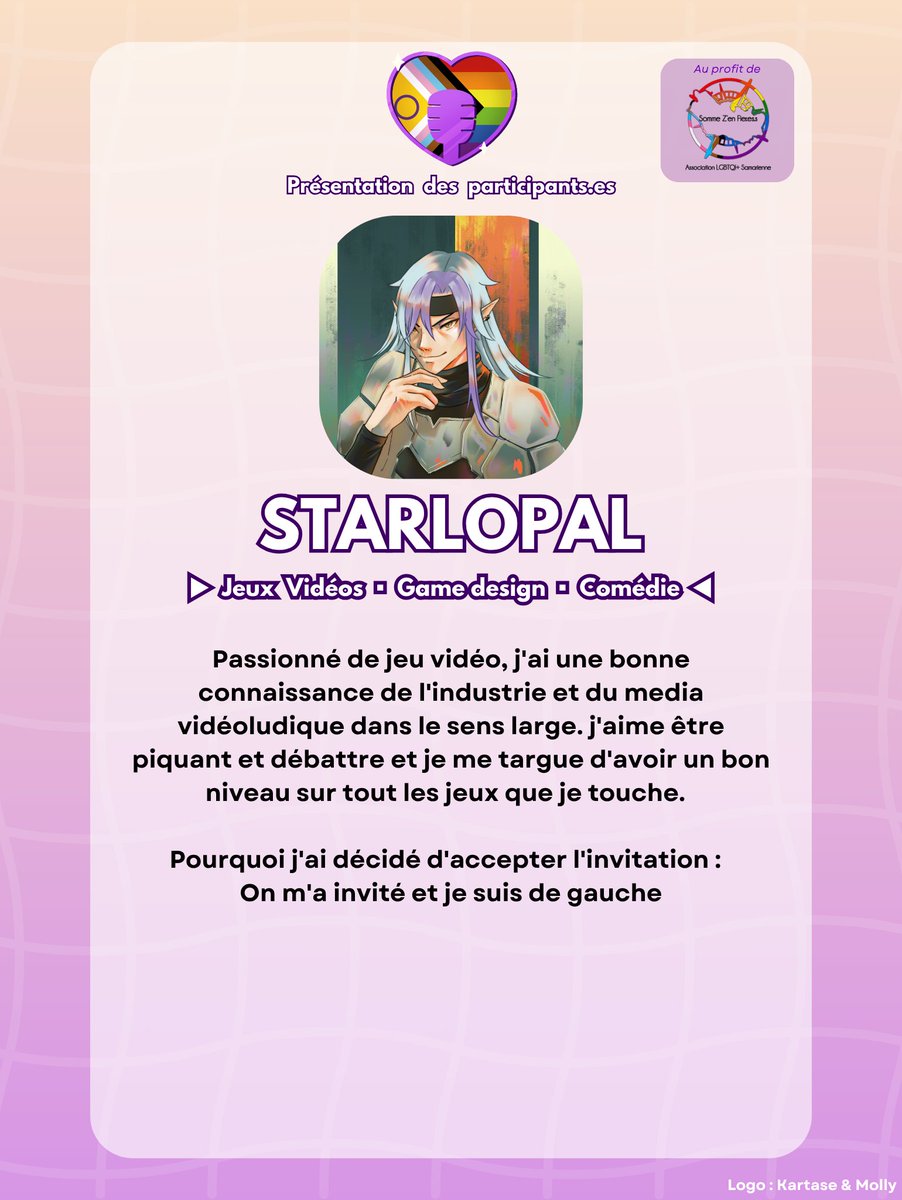 🌈 PRÉSENTATION DES STREAMERS 🌈

On vous présente un.e participant.e par jour ✨
<a href="/StarLoPaL/">Lopal ✨</a> 

Sa chaîne Twitch :
twitch.tv/starlopal

(N'hésitez pas à nous suivre pour rester informés)💖