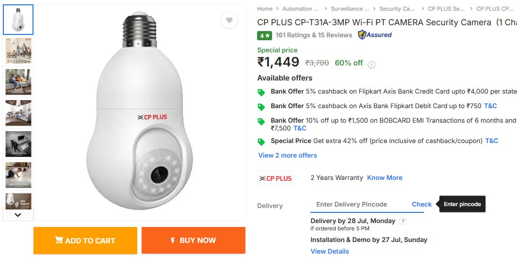 dealsnetoffer's tweet image. #Ad 
60% Off -CP PLUS Wi-Fi PT CAMERA Security Camera At Rs.1,449

✅fkrt.cc/gECPiCN 

 #FlipkartDeals
 
#WiFiSecurityCamera #CPPLUSDeals