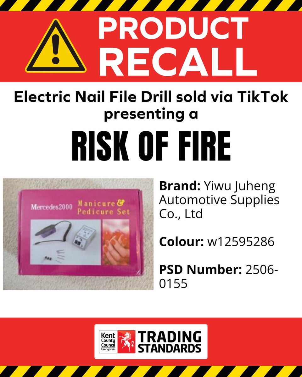 #ProductRecall ⚠️ Electric Nail File Drill sold via TikTok presenting a serious risk of fire.

🔴Product Details
Brand: Yiwu Juheng Automotive Supplies Co., Ltd
Colour: w12595286
PSD Number: 2506-0155

✅Advice for consumers
The product has been recalled from end users.