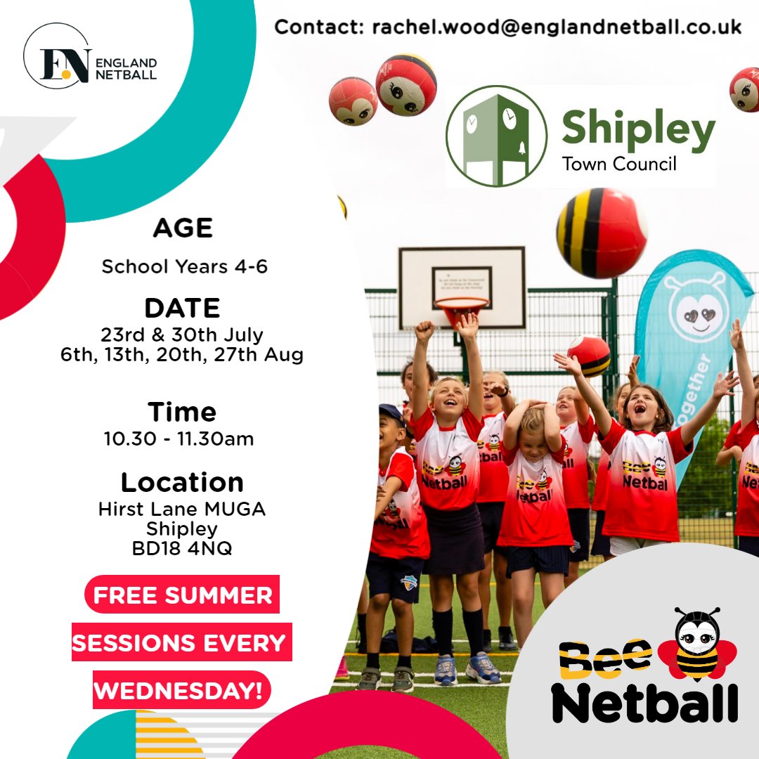 ShipleyTC's tweet image. The first free summer netball session run by @EnglandNetball and funded by a Shipley Town Council Parks & Recreation grant, takes place today!
Throughout the summer holidays, children in Years 4-6 can attended the netball sessions for free on a Wed 10.30-11.30am Hirst Lane MUGA.